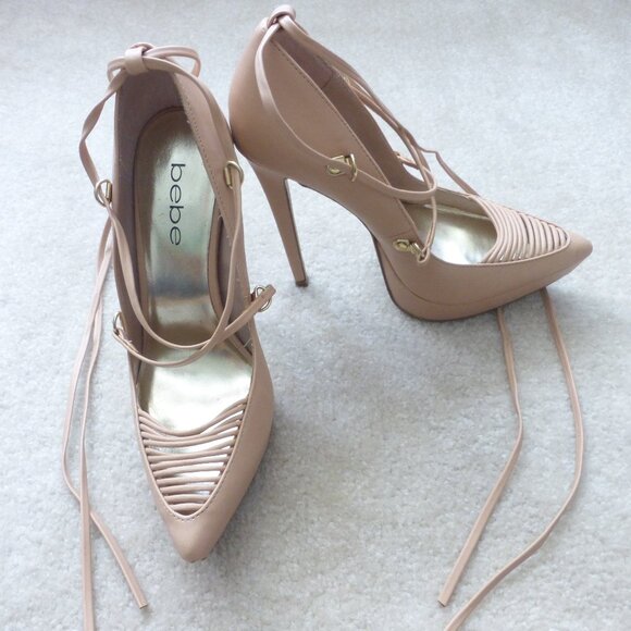 BEBE cream platform stiletto lace up pointy toe heels - Picture 1 of 11